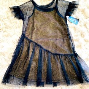 Gold Metallic Black Tulle Overlay Holiday Dress 5T